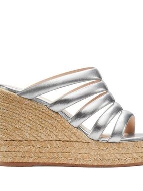 Stuart Weitzman Silver Leather Strappy Espadrille Wedges